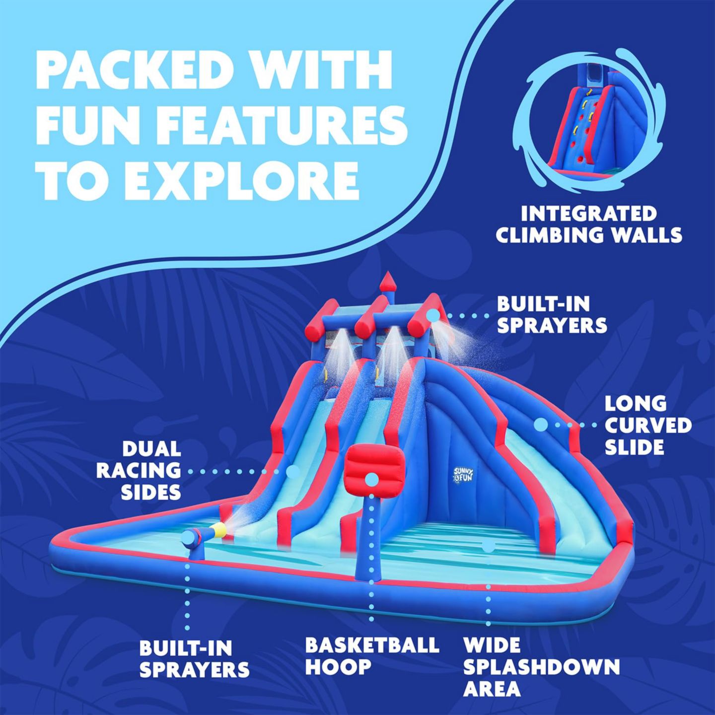 Детская игрушка Sunny & Fun Inflatable Water Slide & Pool, 18.1'L x 15.8'W x 10'H, Nylon, Plays Up to 3 Children, Ages 3-10, цвет: Синий — фото 2