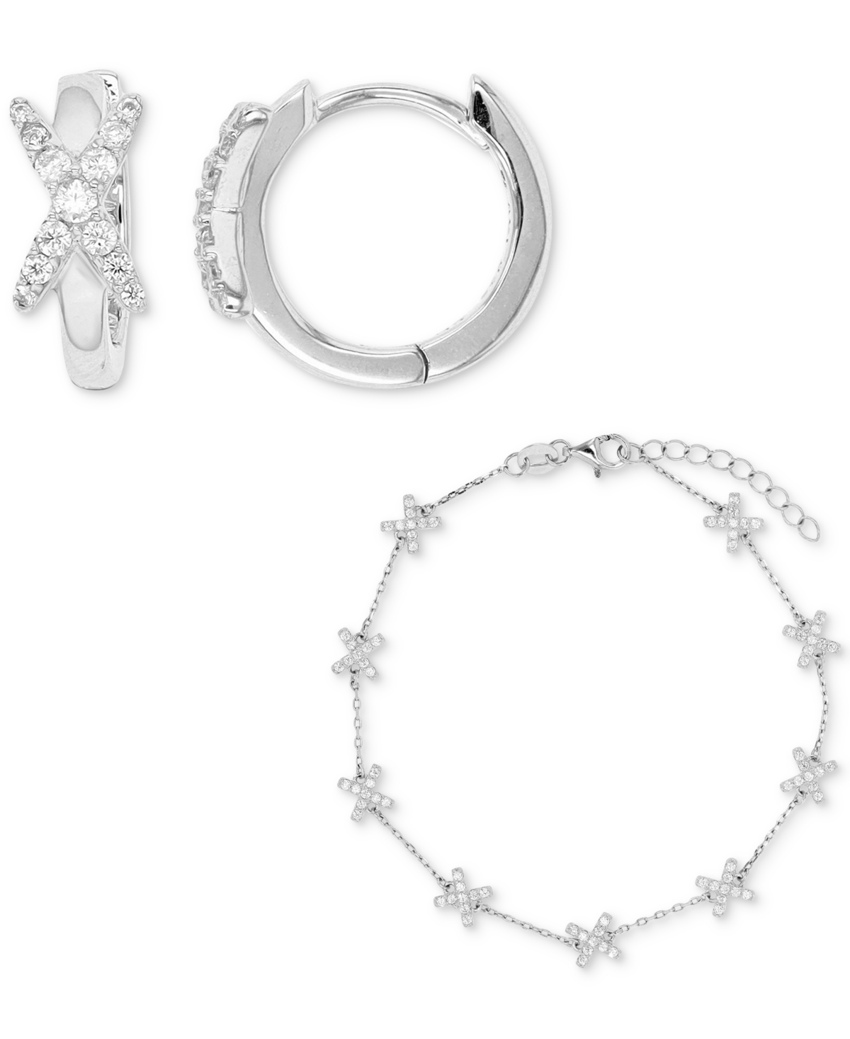 Macy's 2-pc. Set Cubic Zirconia X Bracelet & Coordinating Small Hoop Earrings In Sterling Silver