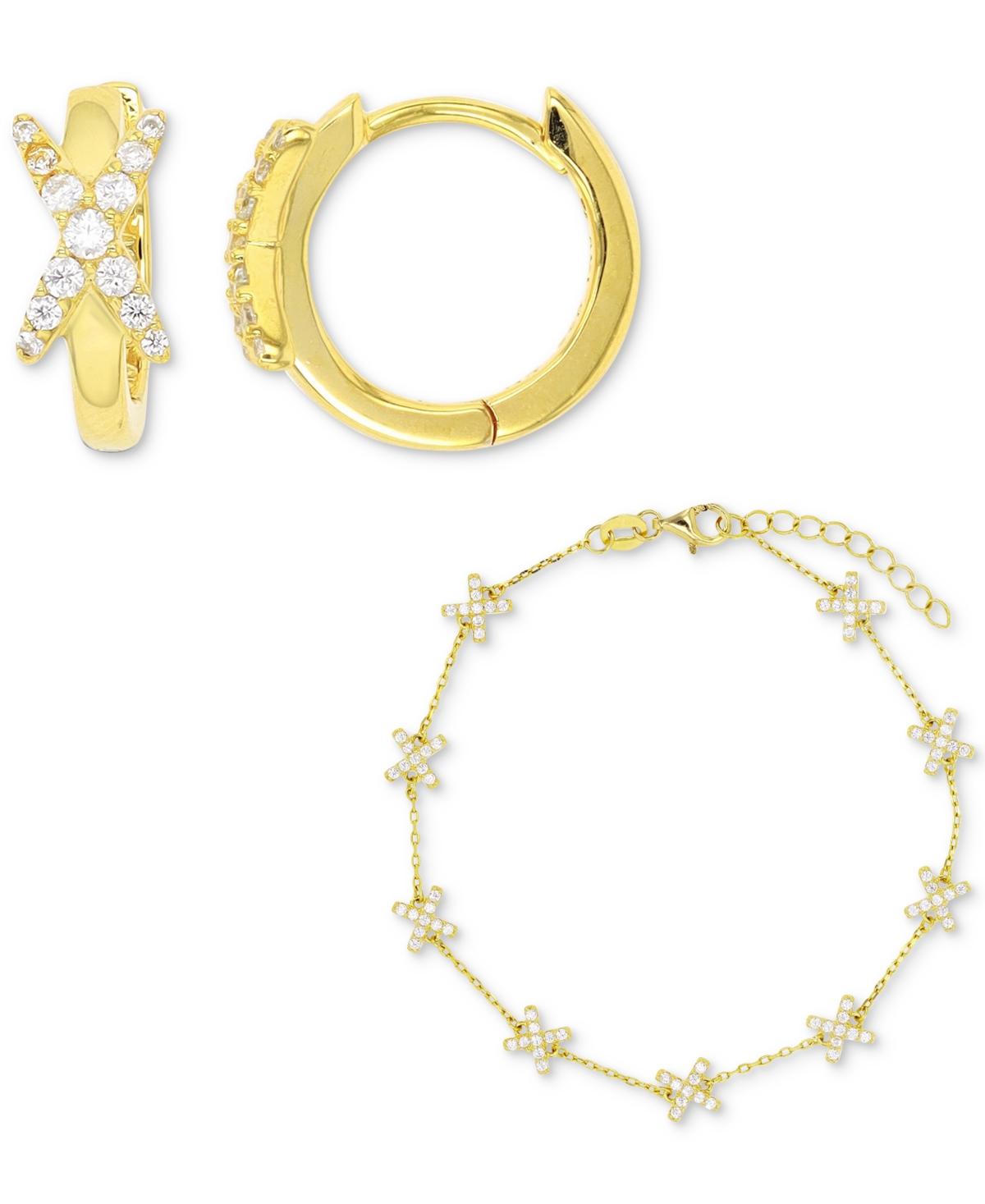 Macy's 2-pc. Set Cubic Zirconia X Bracelet & Coordinating Small Hoop Earrings In Gold Over Silver