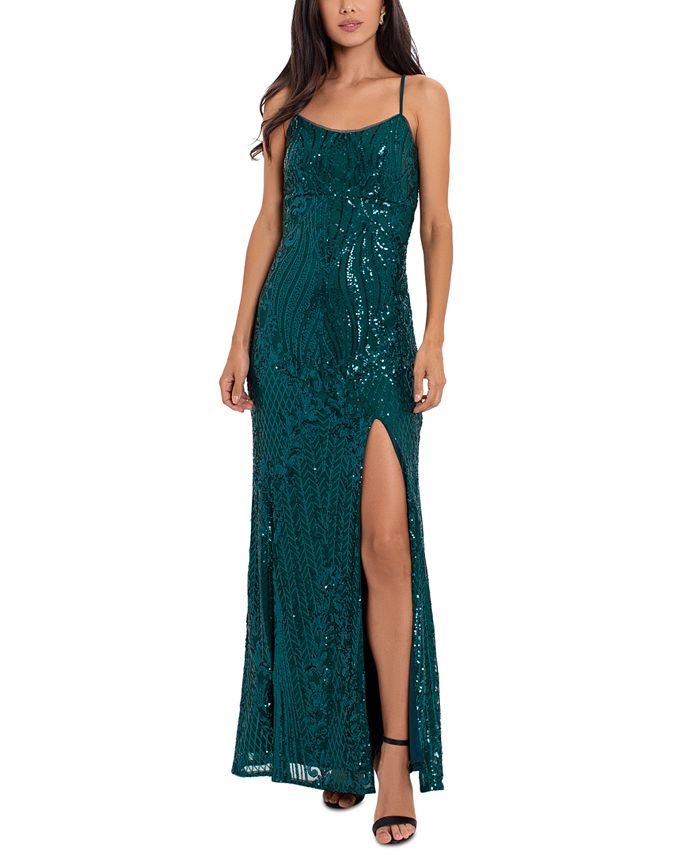 Betsy Adam Women's Slinky Metallic Slit Gown Silver Size 14