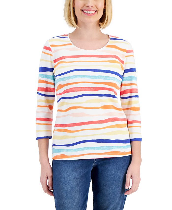 Karen Scott Petite Sasha Striped Scoop-Neck 3/4-Sleeve Top, Created for  Macy's - Macy's