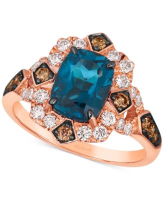 Le Vian - Deep Sea Blue Topaz (2-1/4 ct. t.w.), Nude Diamonds (3/8 ct. t.w.) & Chocolate Diamonds (1/4 ct. t.w.) Cushion Halo Ring in 14k Rose Gold