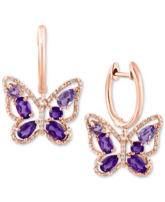 Lali Jewels Gemstone Diamond 15 ct tw Butterfly Drop Earrings in 14k Gold or 14k Rose Gold - Pink Amethyst Amethyst 3225$