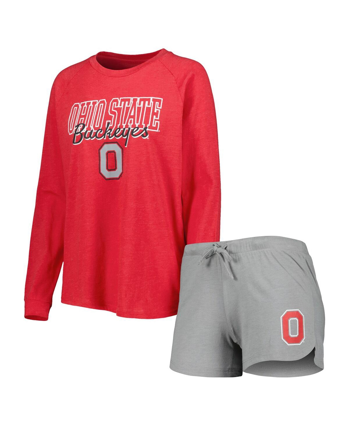 Shop Concepts Sport Women's  Scarlet, Gray Ohio State Buckeyes Raglan Long Sleeve T-shirt And Shorts Sleep In Scarlet,gray