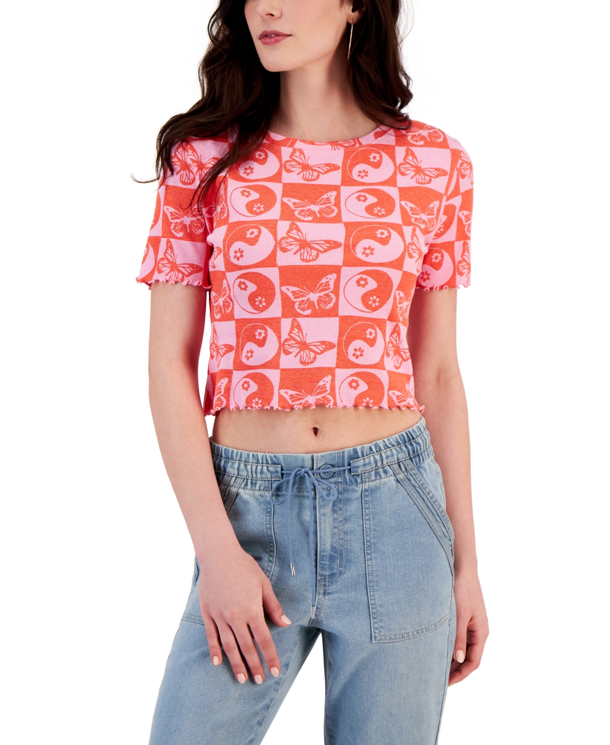 Grayson Threads Black Juniors' Checkered Lettuce-edge Cropped Top In Pink