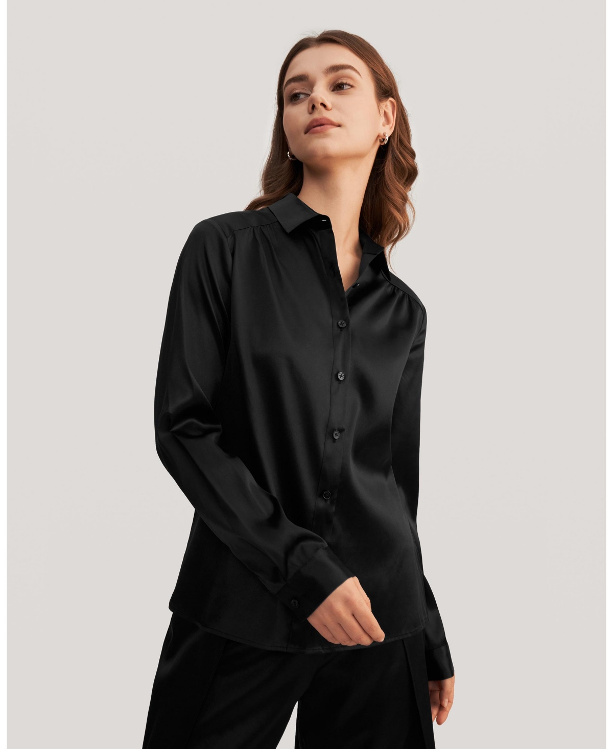 Women's Long Sleeves Collared Silk Blouse - Silver
