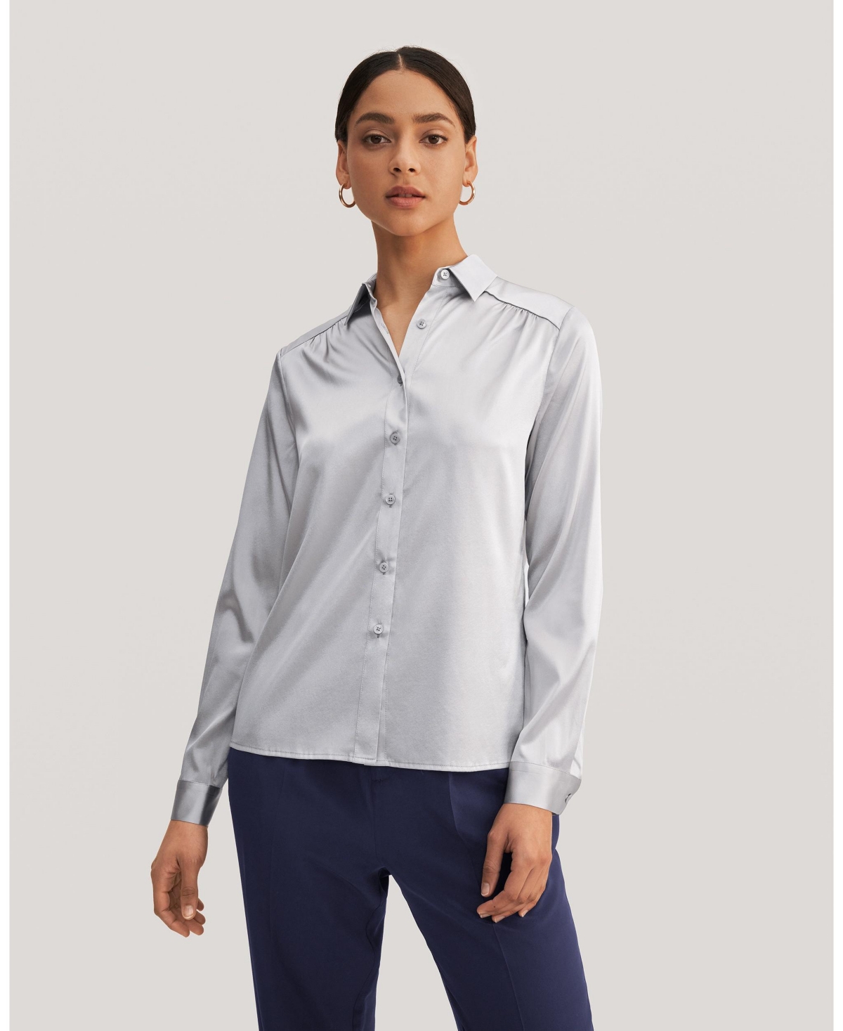 Women's Long Sleeves Collared Silk Blouse - Silver