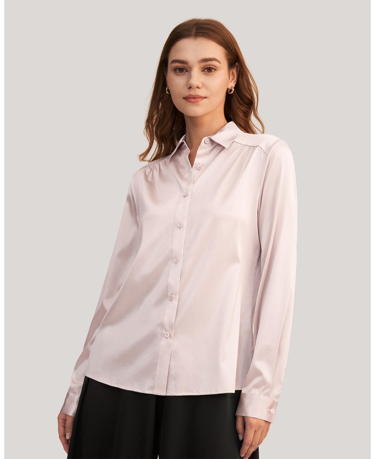 Women's Long Sleeves Collared Silk Blouse - Silver