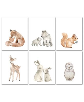 Watercolor Woodland Animals 6-Piece Unframed Nursery Wall Art Decor