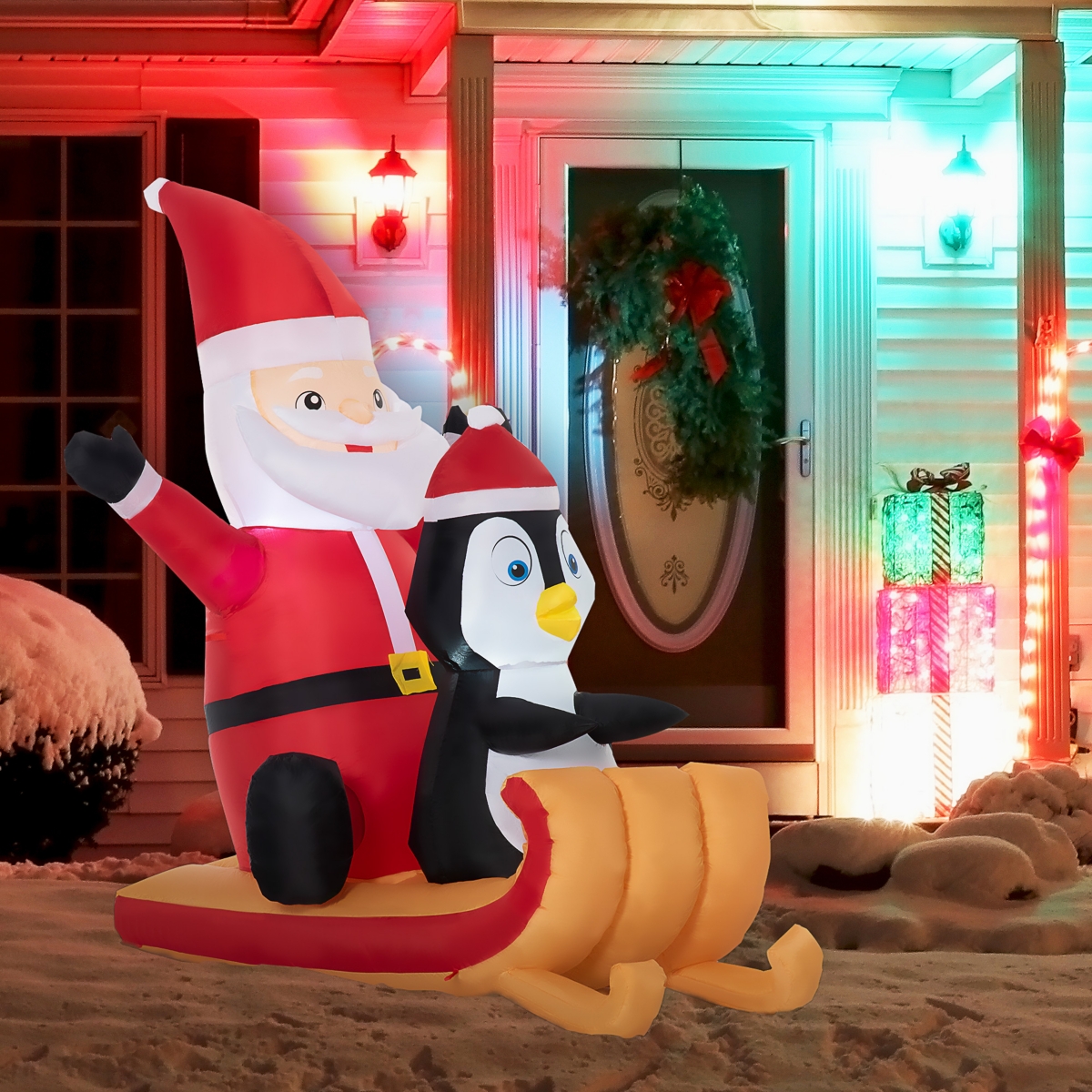 Outsunny Inflatable Christmas Santa Penguin on Sleigh Blow-Up Yard Display