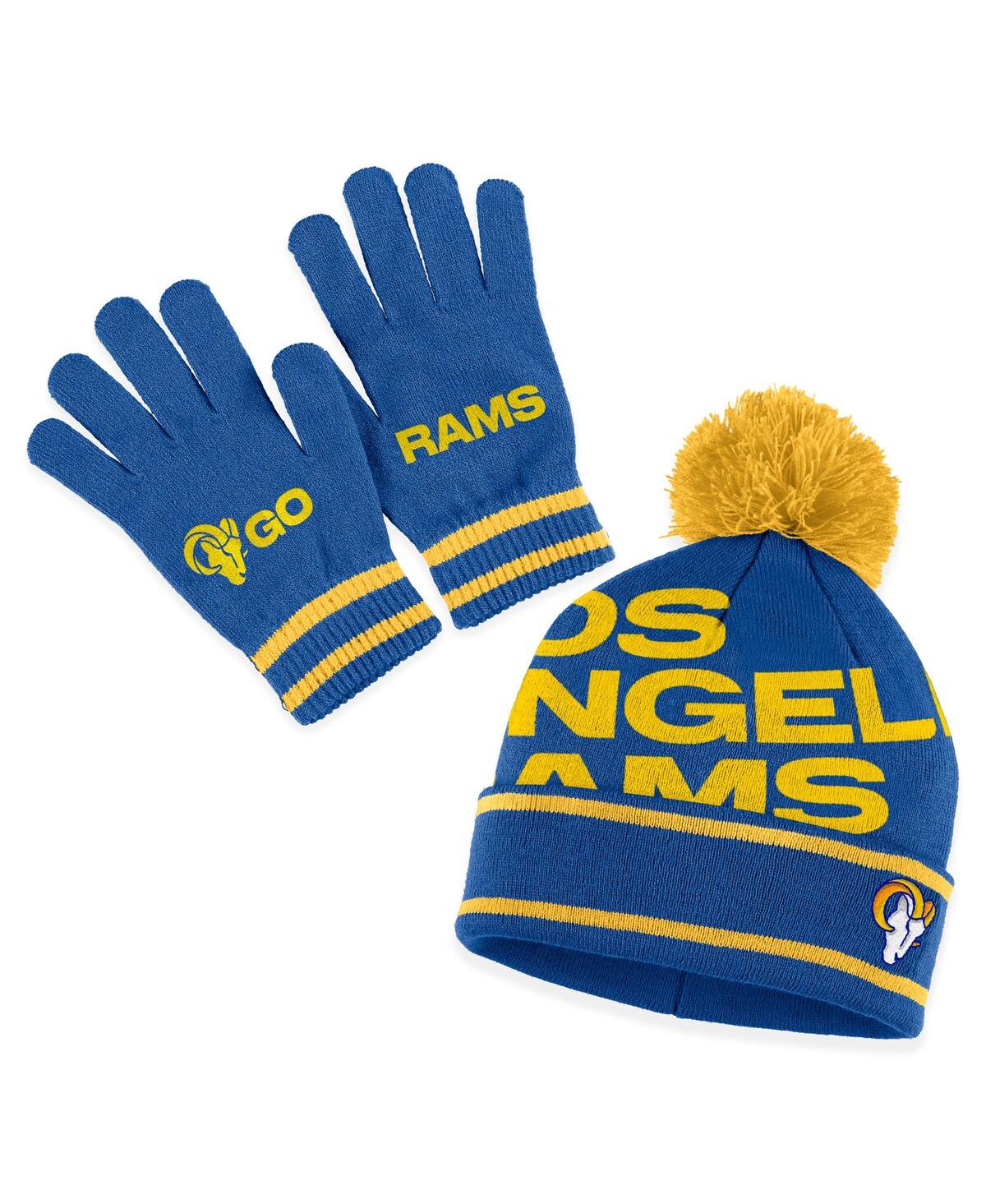 Shop Wear By Erin Andrews Women's  Royal Los Angeles Rams Double Jacquard Cuffed Knit Hat With Pom And Glo