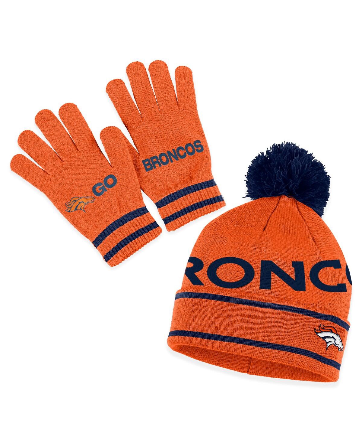 Shop Wear By Erin Andrews Women's  Orange Denver Broncos Double Jacquard Cuffed Knit Hat With Pom And Glov