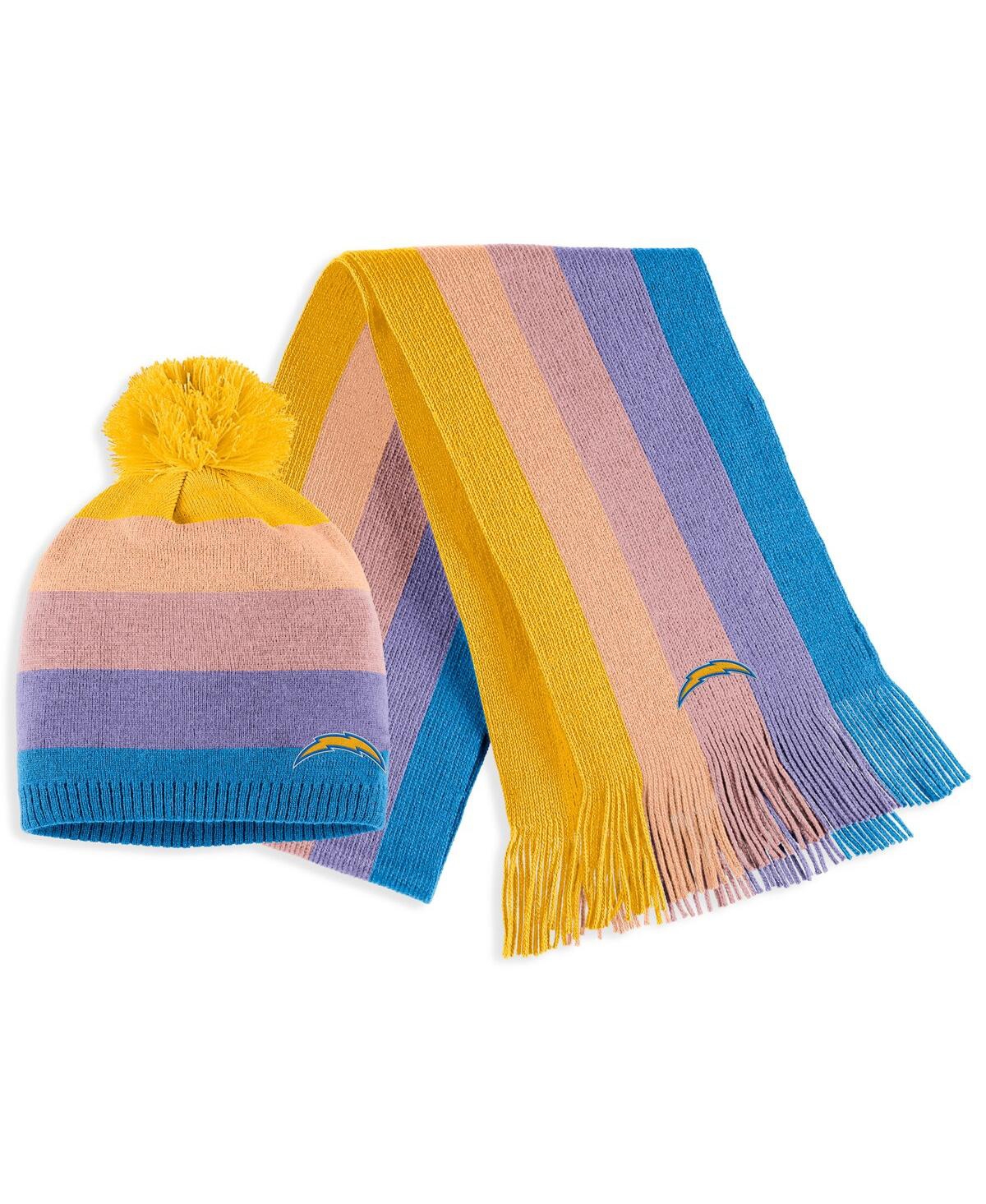 Shop Wear By Erin Andrews Women's  Gold Los Angeles Chargers Ombre Pom Knit Hat And Scarf Set