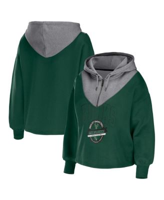 Women's Hunter Green Milwaukee Bucks Pieced Quarter-Zip Hoodie Jacket
