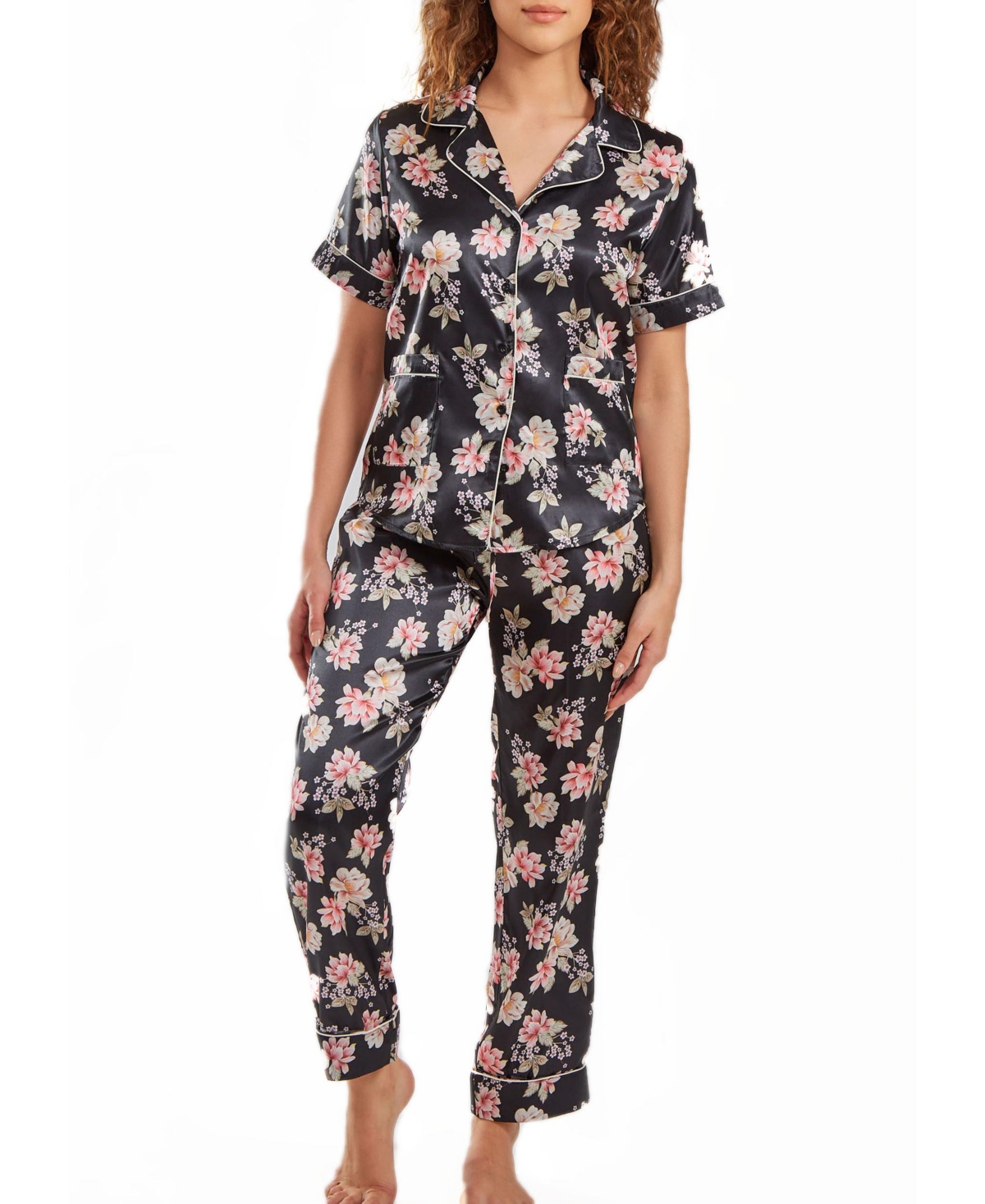 Icollection Women's Cyrus Floral Satin Pajama Pant Set With Cuff Detail, 2 Piece In Multi-black