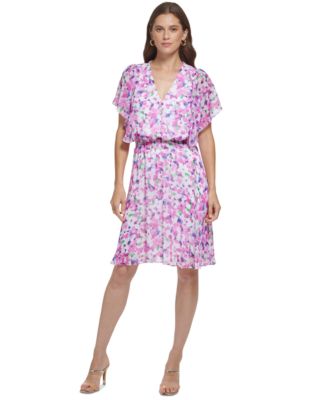 DKNY Womens Lace Ruffled Zippered Floral Cap Sleeve V Neck Above The Knee Cocktail Sheath Dress