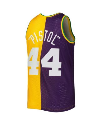 Men's Pete Maravich Purple, Yellow New Orleans Jazz Hardwood Classics 1974-75 Split Swingman Jersey