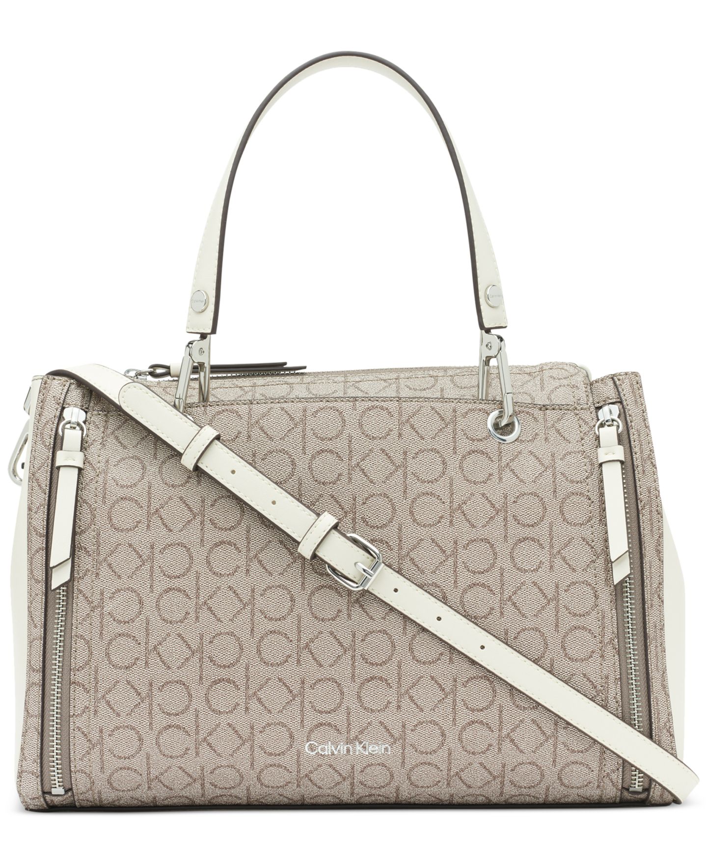 Женская сумка Calvin Klein Garnet Signature Triple Compartment Top Zipper Satchel, цвет: Миндальный / Белый — фото 1