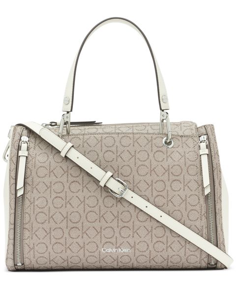 Женская сумка Calvin Klein Garnet Signature Triple Compartment Top Zipper Satchel, цвет: Миндальный / Белый