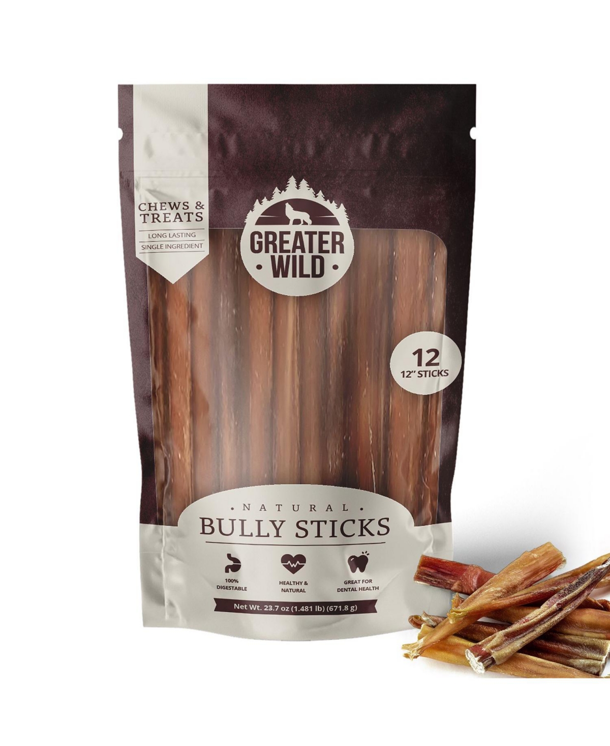 12" Single-Ingredient Beef Bully Sticks, Natural Dog Treats - 12 Split Sticks - Brown