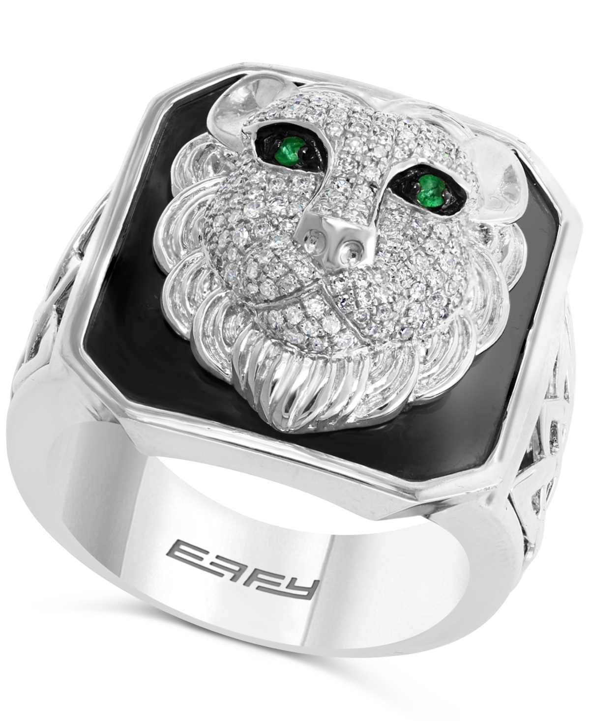 Effy Collection Effy Men's Diamond (1/2 Ct. T.w.) & Emerald Accent Black Enamel Lion Ring In Sterling Silver