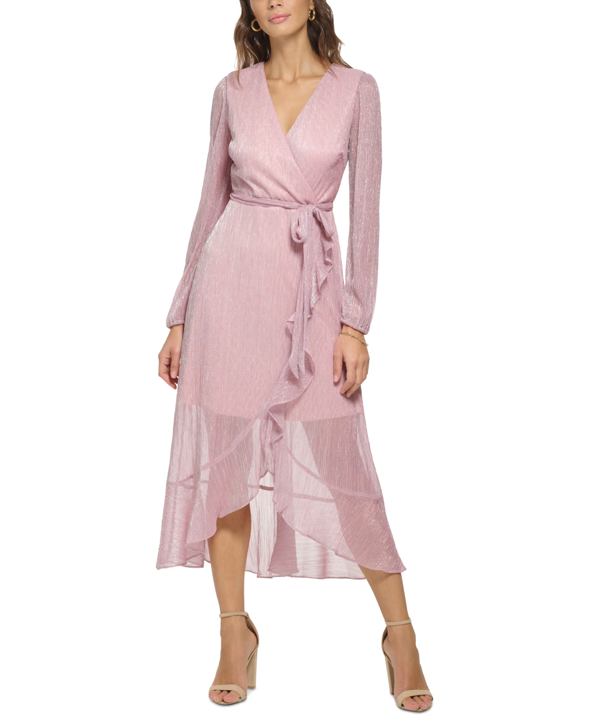 Kensie Long Sleeve Shimmer Chiffon Midi Dress In Pink