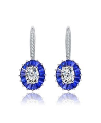 GV Sterling Silver White Gold Plated and Blue Cubic Zirconia Leaverback Earrings