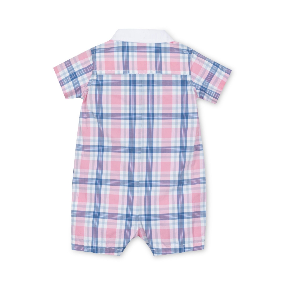 Hope & Henry Baby Boys Layette Organic Cotton Woven Romper with Collar and Button Front - Fresh Pink And Blue Plaid