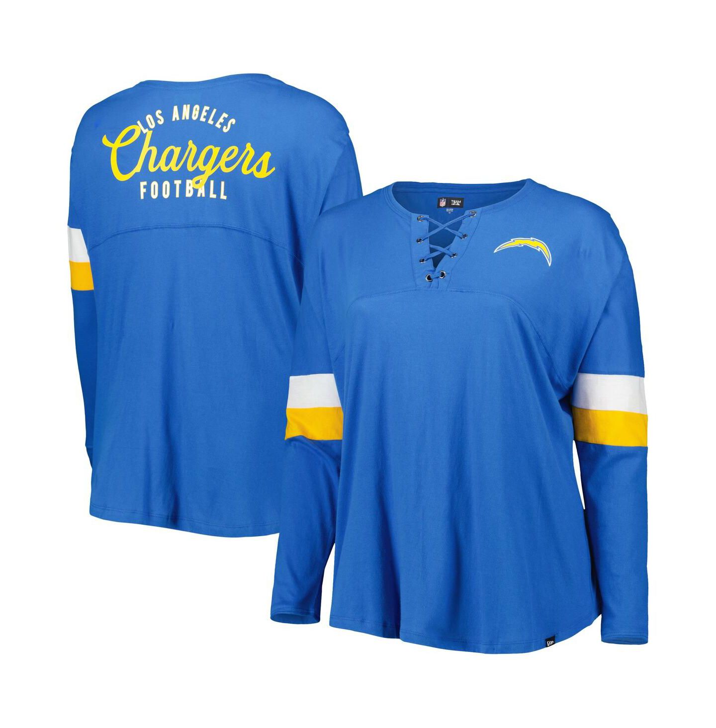 Женская футболка New Era Powder Blue Los Angeles Chargers Plus Size Athletic Varsity Lace-Up V-Neck Long Sleeve — фото 1