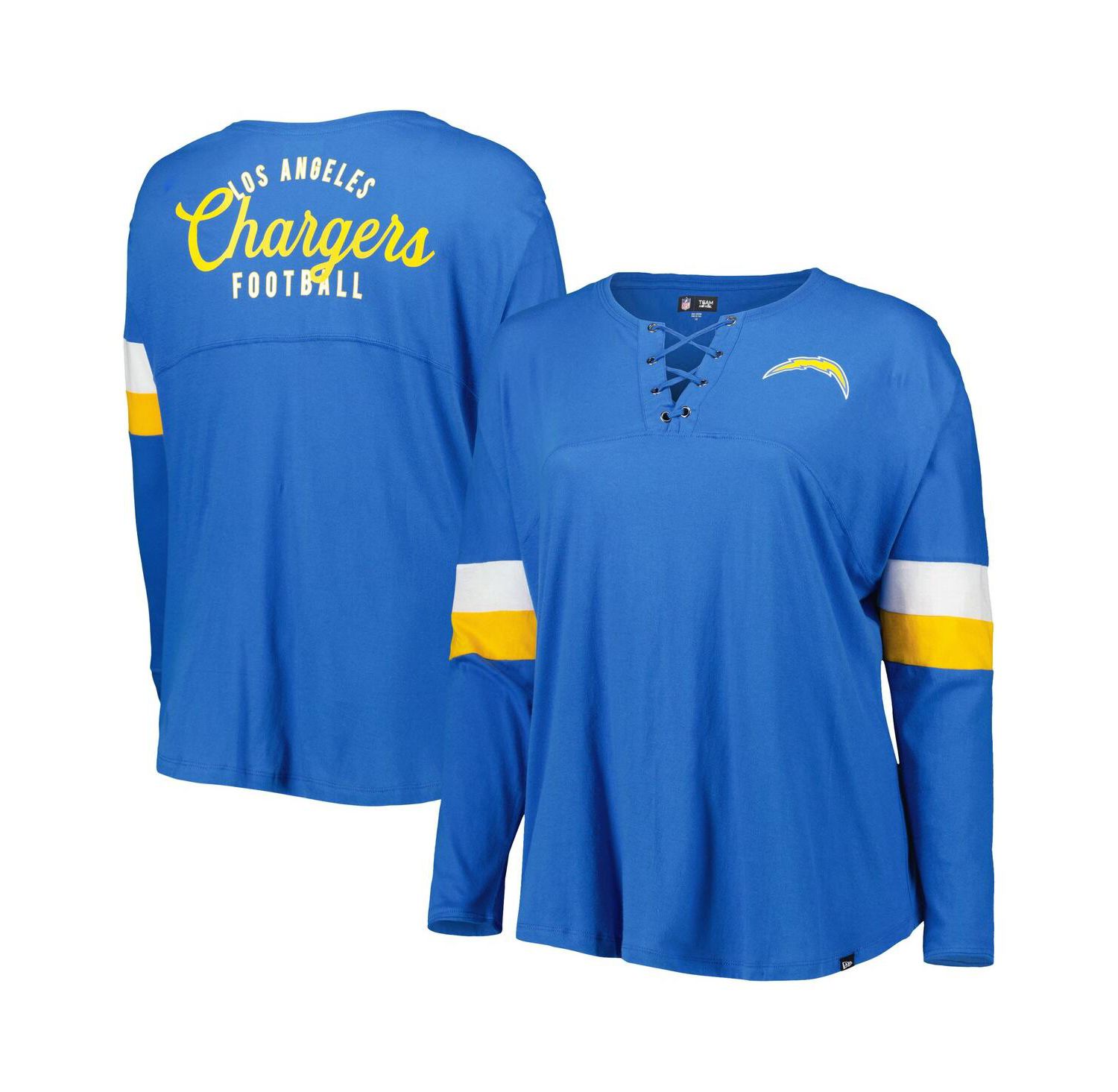 Women's Powder Blue Los Angeles Chargers Plus Size Athletic Varsity Lace-Up V-Neck Long Sleeve T-shirt