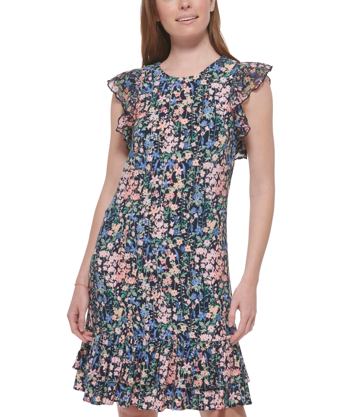 Shop Tommy Hilfiger Petite Printed Flutter-sleeve Dress In Sky Cap,pe