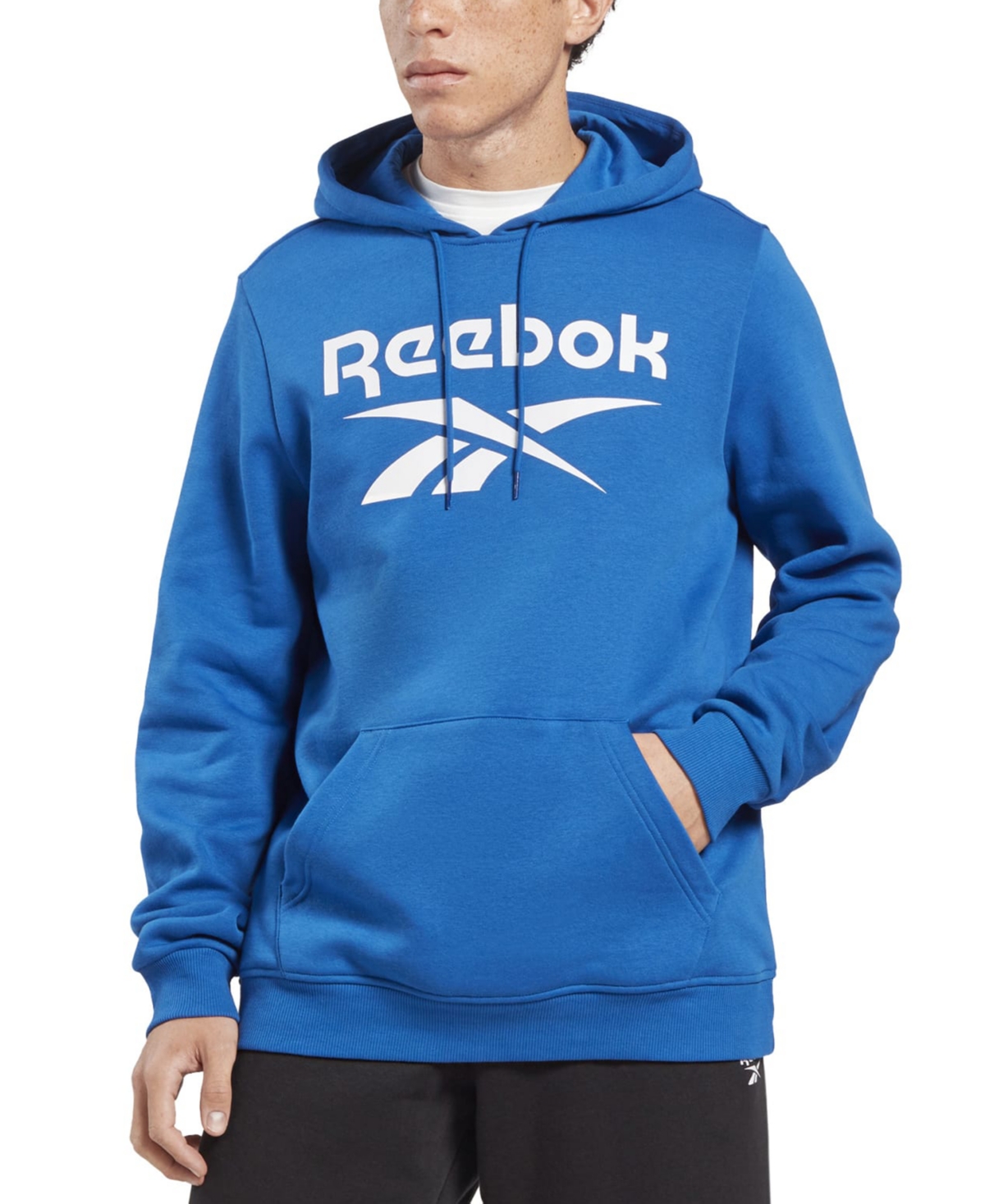 Shop Reebok Men's Identity Classic-fit Stacked Logo-print Fleece Hoodie In Royal,white