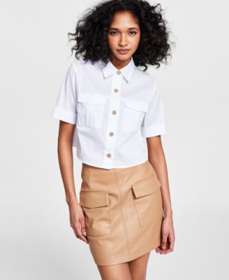 Bar III - Women's Cropped Cuffed-Sleeve Pocket Shirt