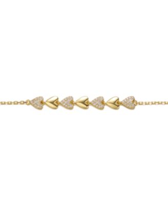 Sterling Silver 14k Yellow Gold Plated with Cubic Zirconia Thin Pave Heart Stampato Link Bracelet