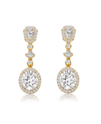 GV Sterling Silver with Gold Plated Clear Oval with Princess and Round Cubic Zirconia Accent Long Drop Earrings