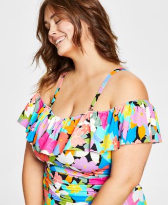 Plus Size Tummy Control Off-The-Shoulder Ruffled Swimsuit, Created For Macy's