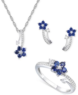 3-Pc. Set Amethyst (1 ct. t.w.) & Lab-Grown White Sapphire (3/8 ct. t.w.) Flower Pendant Necklace, Stud Earrings, & Ring in Sterling Silver (Also in Additional Gemstones)