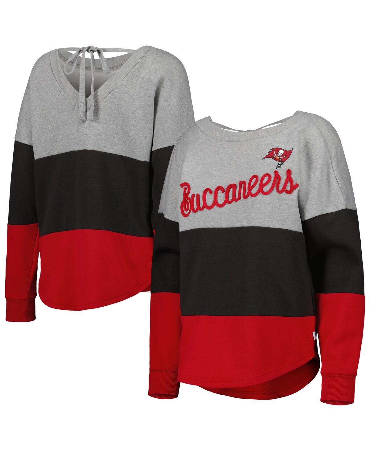 Women's Touch Heathered Gray, Red Tampa Bay Buccaneers Outfield Deep V-Back Pullover Sweatshirt - Heathered Gray, Red
