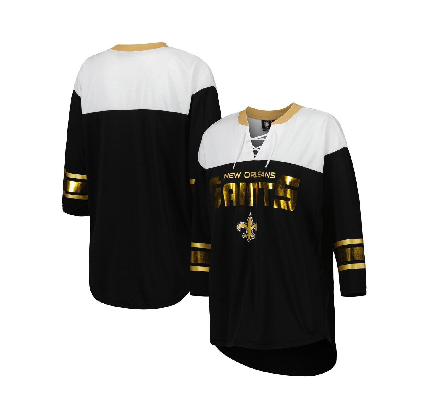 Women's Black, White New Orleans Saints Double Team 3/4-Sleeve Lace-Up T-shirt