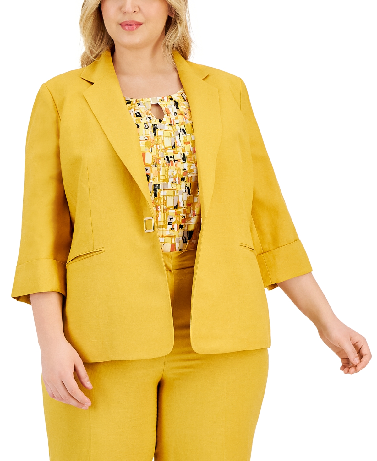 Kasper Womens Stretch Crepe Open Front Roll Sleeve Jacket Flutter Sleeve Peasant Top Stretch Crepe Elastic In Butterscotch