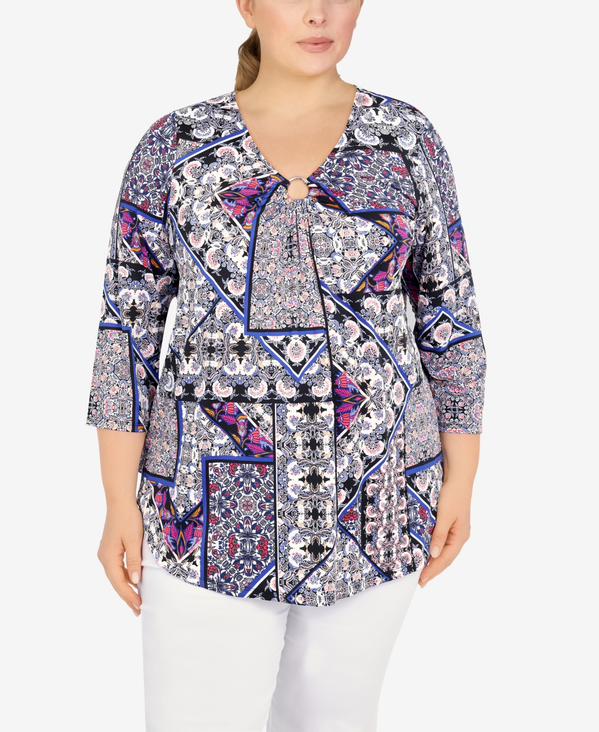 Ruby Rd. Plus Size Knit Folk Patchwork Puff Print Top In Periwinkle Multi