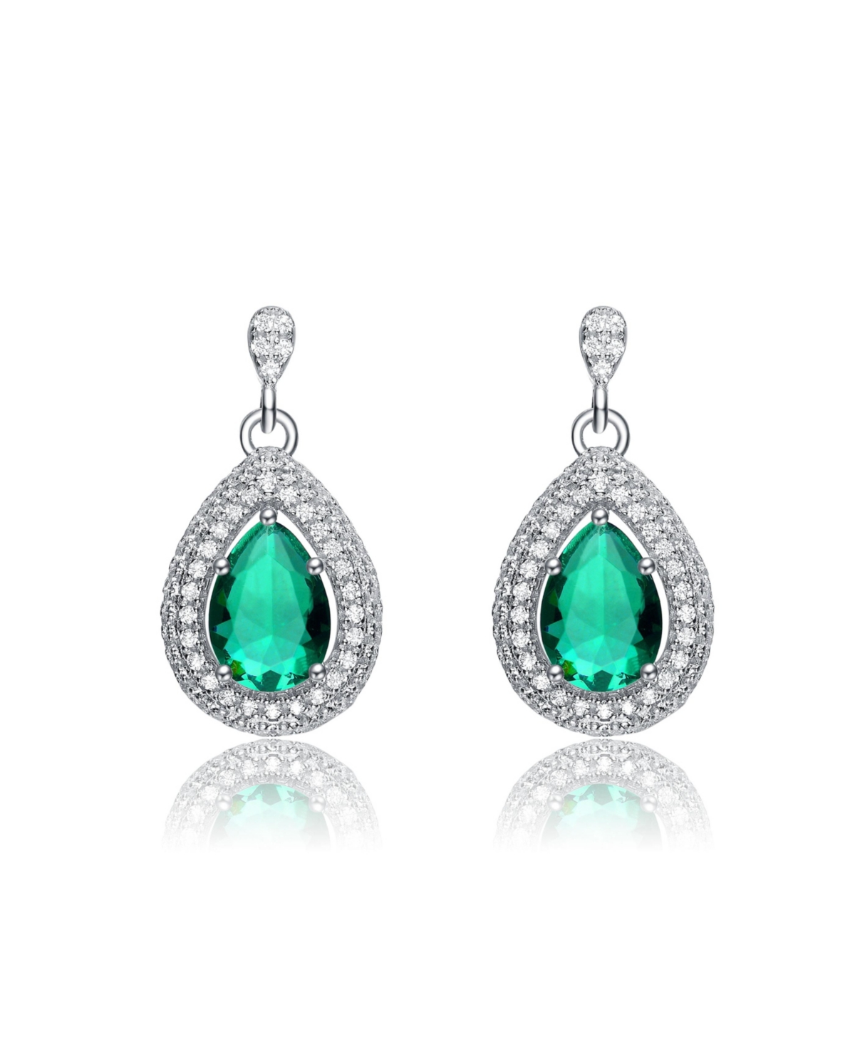 Sterling Silver White Gold Plated Cubic Zirconia Pear Drop Earrings - Dark Green