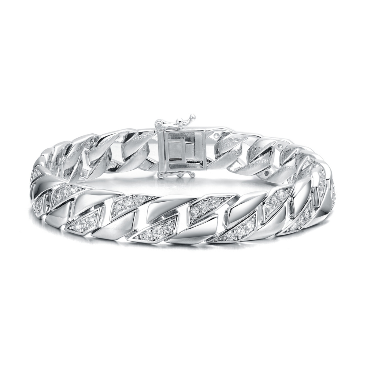 Men's Sterling Silver Iced Out Cubic Zirconia Braided Cuban Chain Bracelet - Silver
