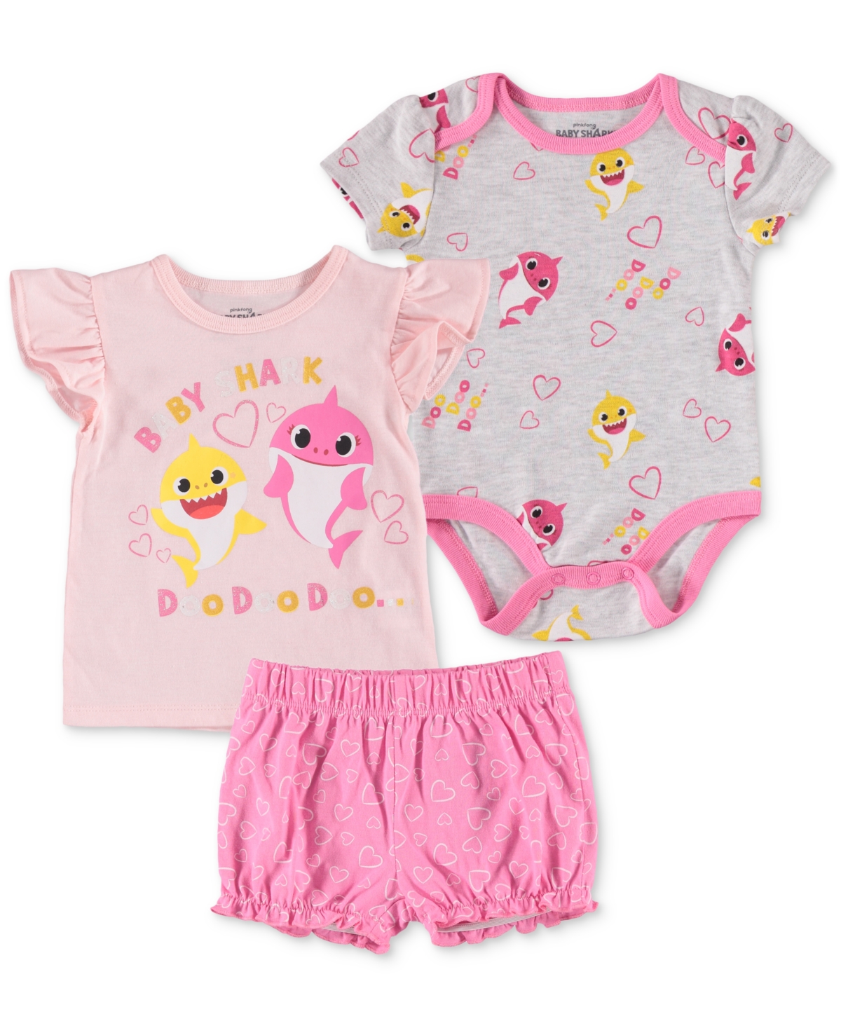 Happy Threads Baby Girls Baby Shark Bodysuit, T Shirt And Shorts, 2 Piece Set In Pink Multi