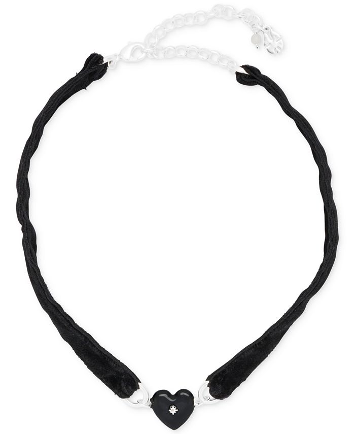 Lucky Brand Silver Tone Pav Heart Charm Velvet Choker Necklace