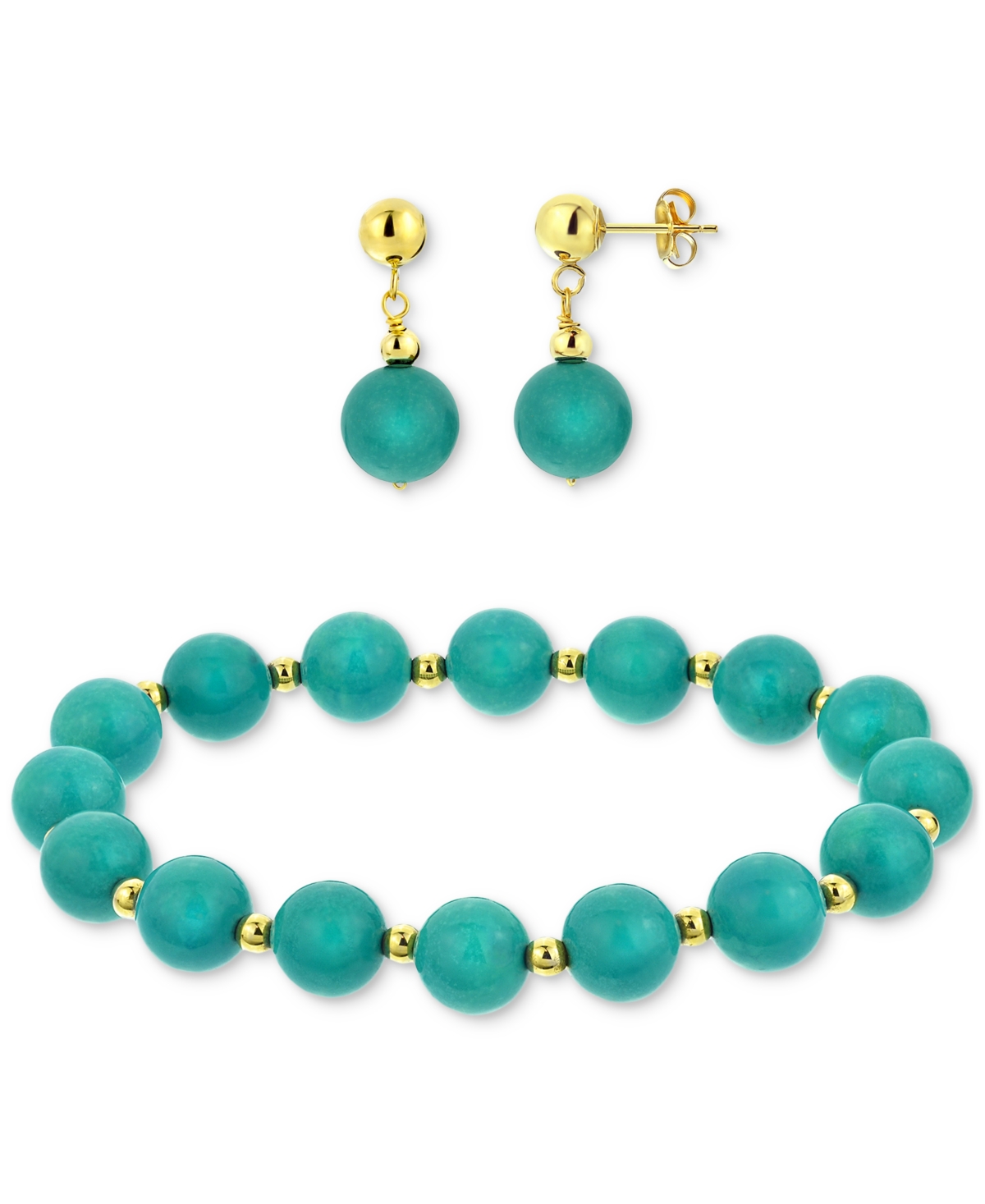Macy's 2-pc. Set Jade Bead Bracelet & Matching Drop Earrings In 14k Gold (also In Onyx, Tiger Eye, Turquois In Turquoise