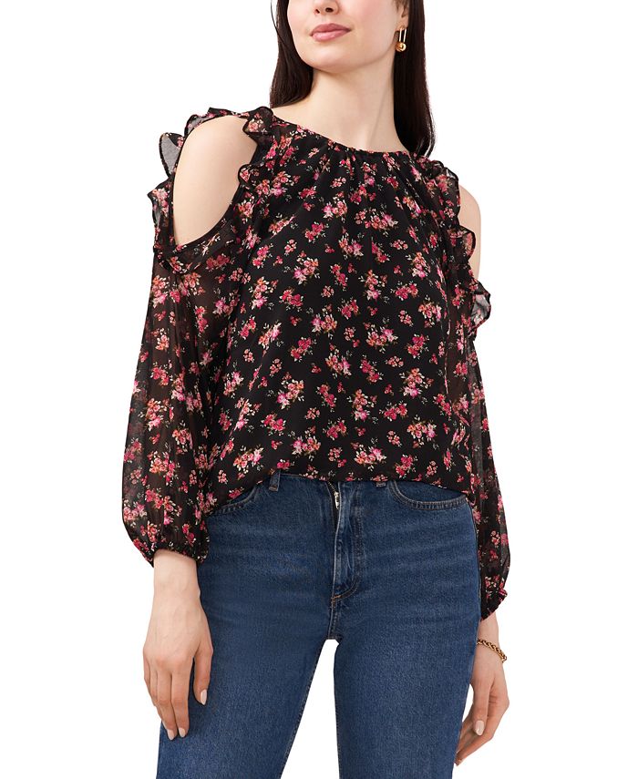 Sam & Jess Women's Floral-Printed Ruffled Cold-Shoulder Top - Macy's