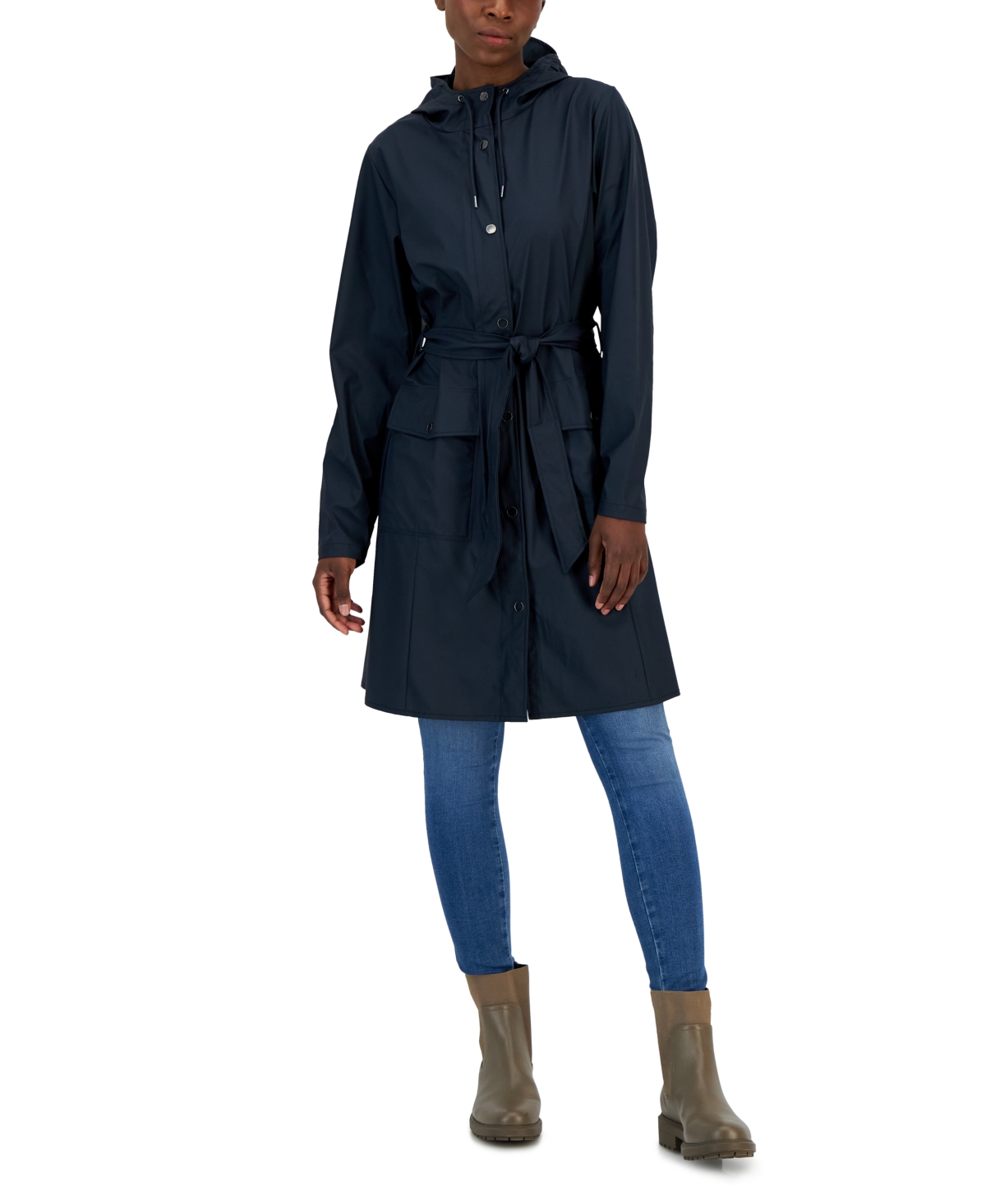 Women's Curve Hooded Belted Waterproof Raincoat - Navy