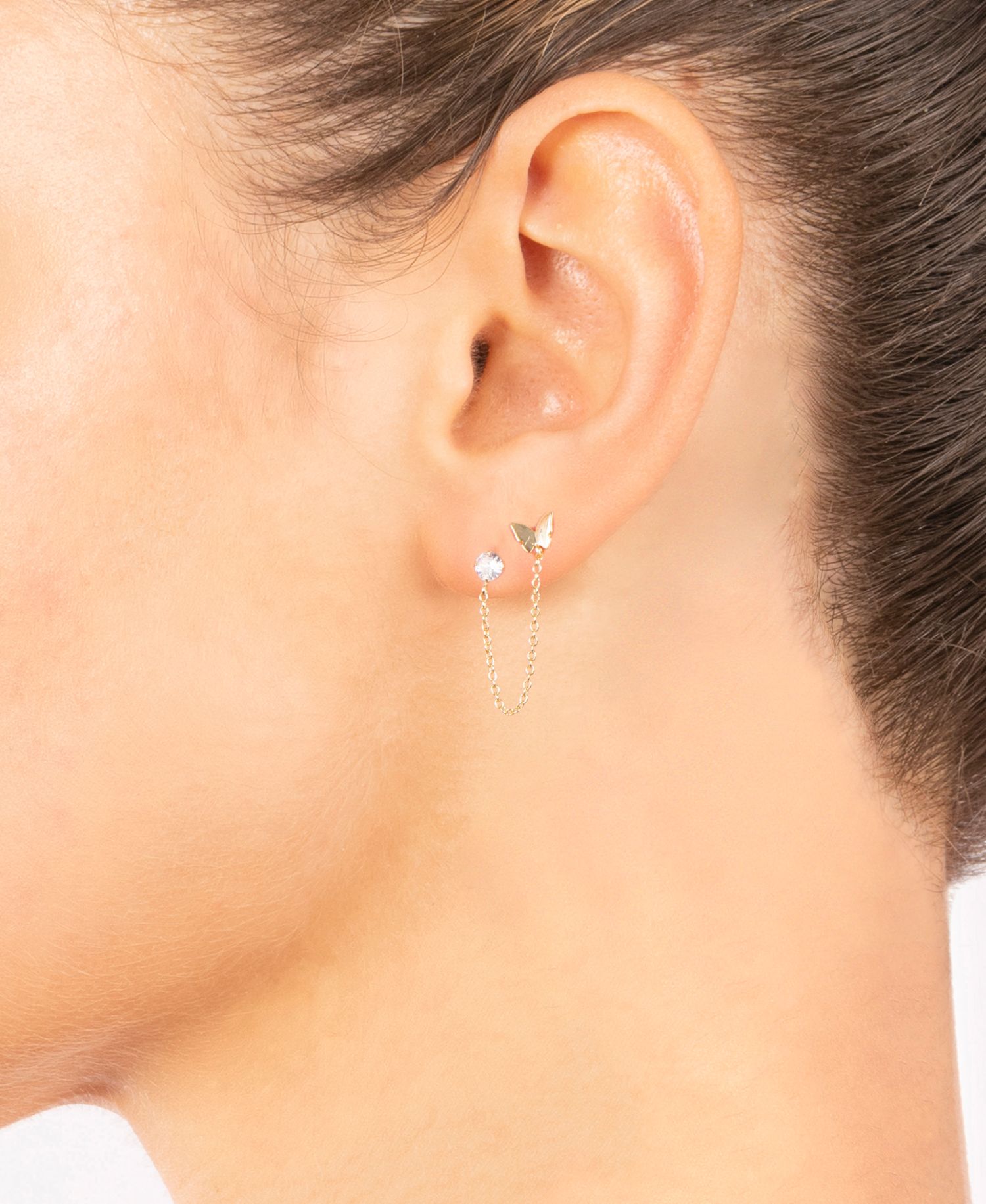 Cubic Zirconia & Butterfly Double Piercing Chain Earrings in Gold-Plated Sterling Silver