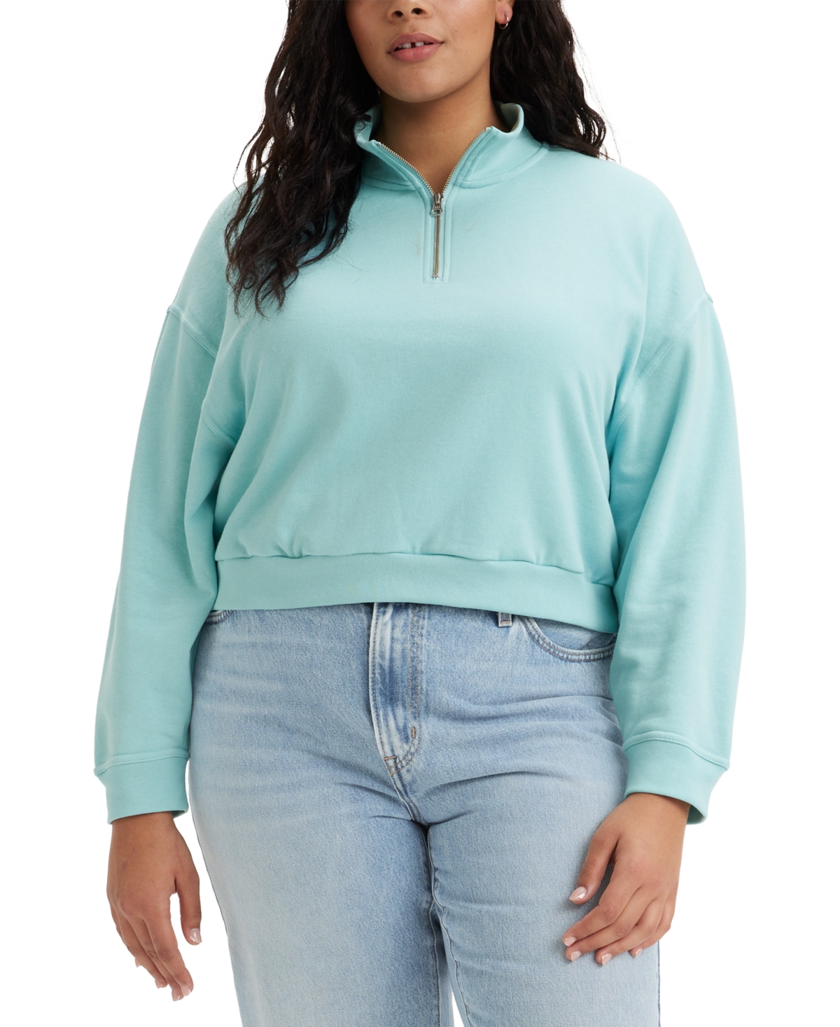 Levi's Trendy Plus Size Cosmo 1/4-zip Long-sleeve Sweatshirt In Porecelain Blue
